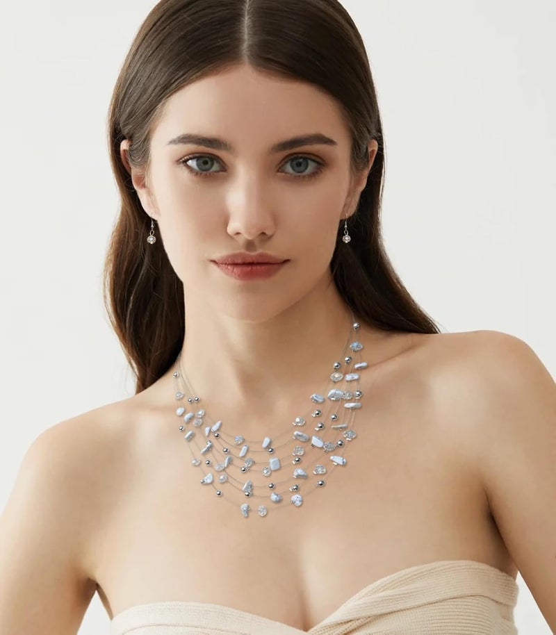 Errally Store Multi-Layer Boho Shell Beaded Necklace for Women Colorful Crystal Strand with Silver Beads Statement Collars Necklace and Earrings Costumes Jewelry Sets for Women - Image 3